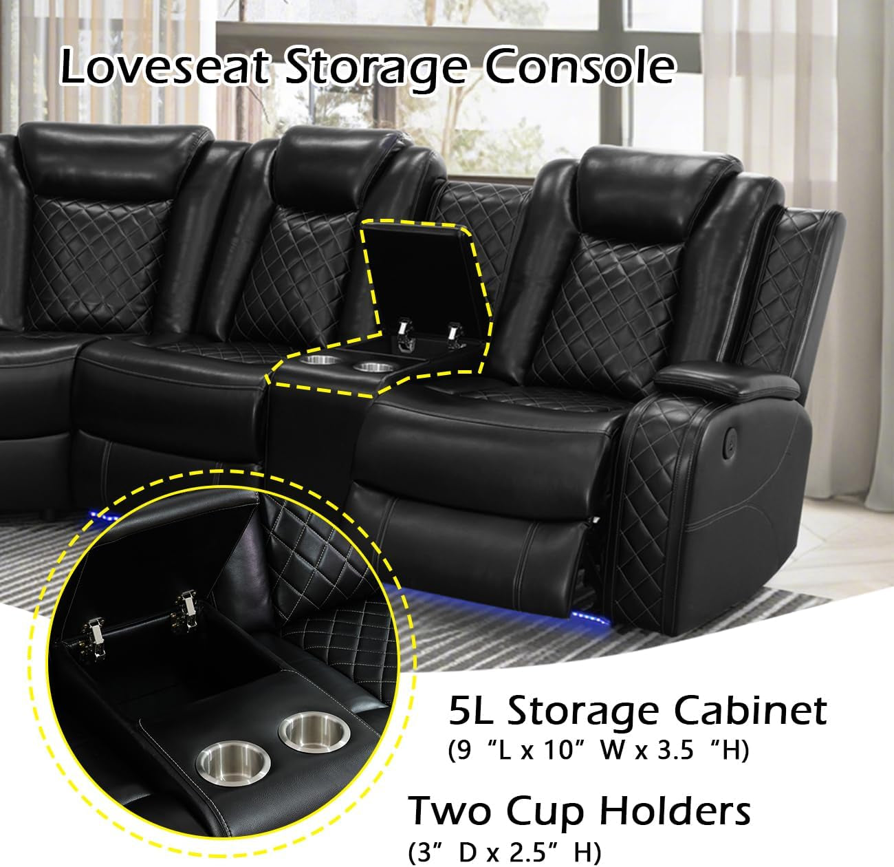 Power Recliner Sectional Sofa Set for Living Room Furniture Sets,Leather Reclining Sofa Set with LED Lights/Hidden Storage,L- Shaped Couch for Living Room/Home Theater(Black,Sectional)