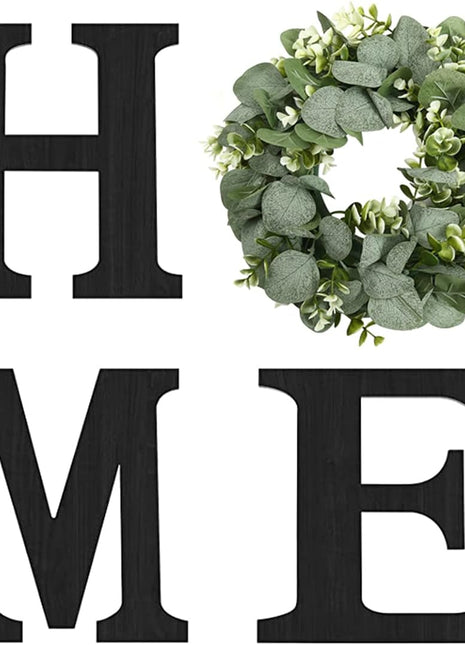 Rustic Wooden Home Sign Adorned with Artificial Eucalyptus Wreath - Elegant Farmhouse Wall Decor for Living Room, Kitchen, and Entryway (Black)