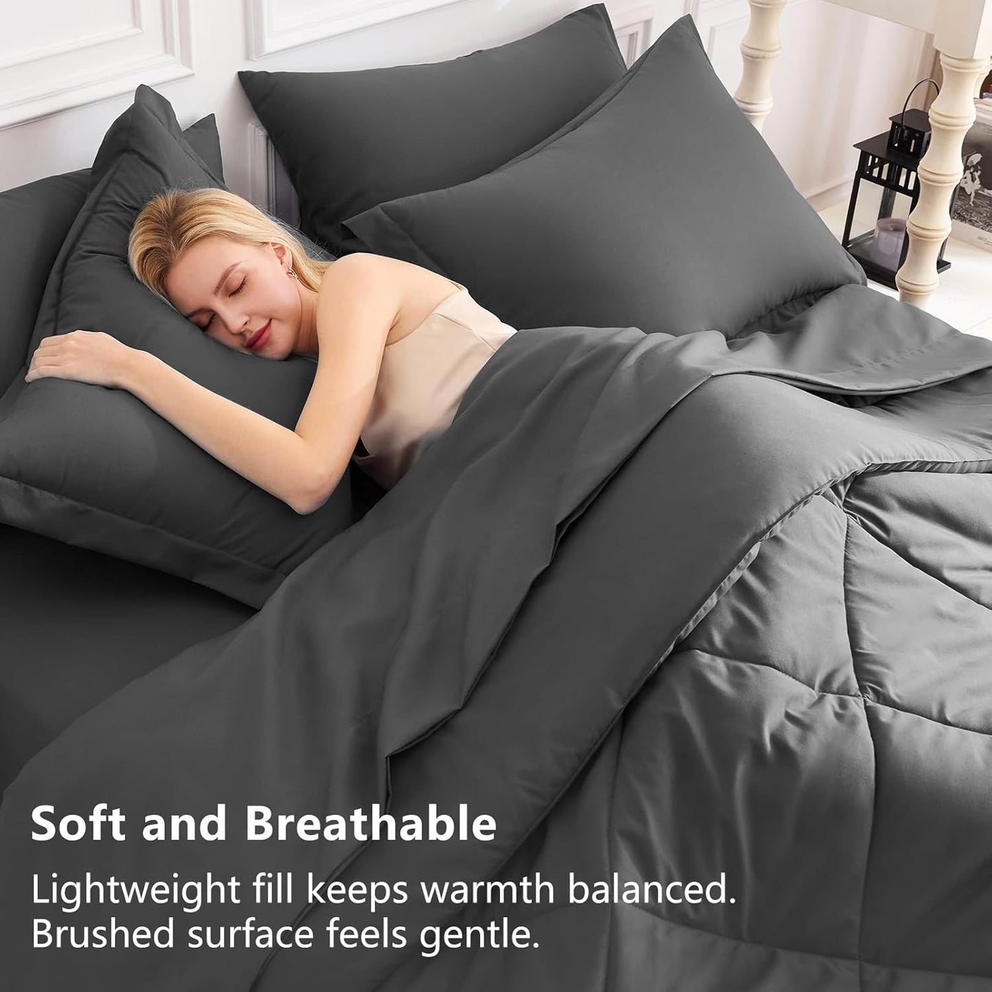 Queen Comforter Set Dark Grey - Bed in a Bag Queen Size 7 Pieces, Luxury Soft Bed Set for All Seasons, Bedding Set with Comforter, Sheets, Pillowcases & Shams, Dark Gray, Queen