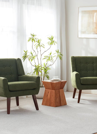Set of 2 Mid-Century Modern Upholstered Button-Tufted Accent Chairs with Wooden Legs, Green Fabric Armchairs for Living Room and Bedroom