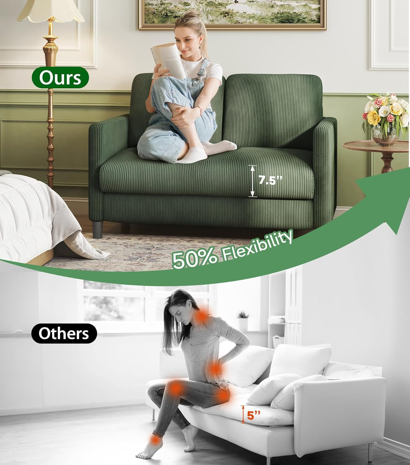 Loveseat Sofa, 51" Love Seat, Comfy Corduroy Small Loveseat for Small Spaces, Tool-Free Setup Couch for Bedroom, All-Wood Couches for Living Room, No Pillow Included, Green