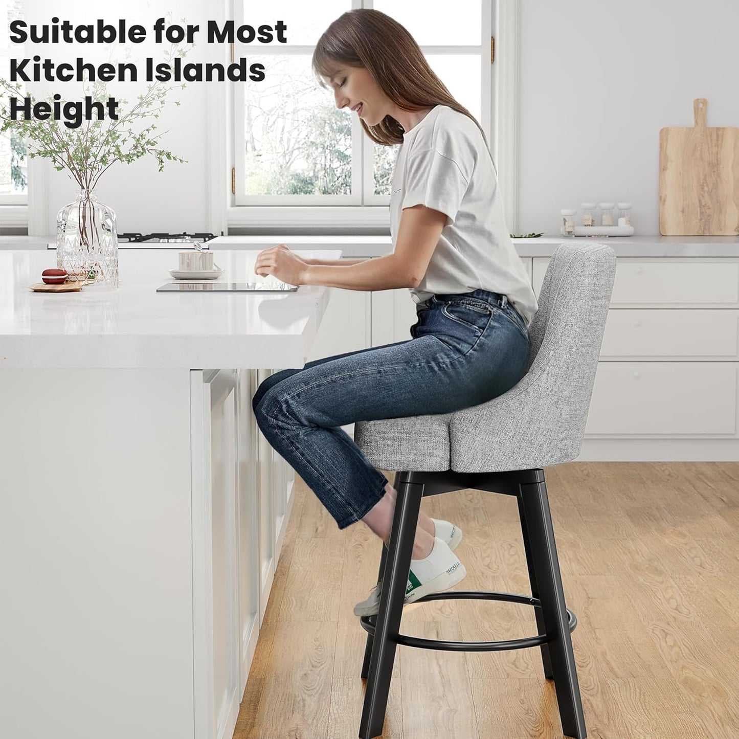 Swivel Bar Stools with Backs, 24" Counter Height Bar Stools Set of 2, Fabric Upholstered Counter Barstools with Solid Wood Legs for Kitchen Island, Home Bar, Light Gray