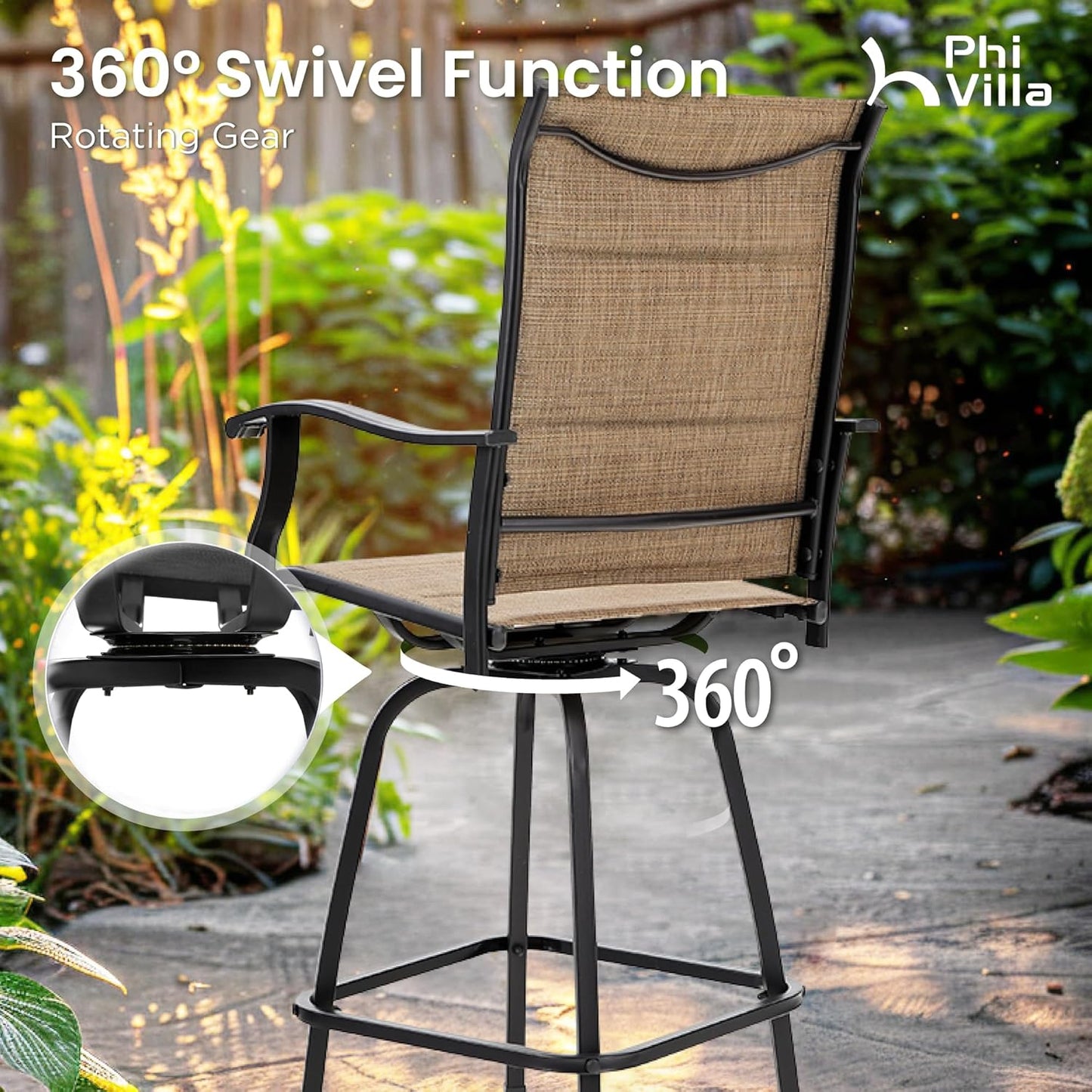 Outdoor Swivel Bar Stools Set of 2, High Top Patio Chairs with Padded Textilene Seating, All-Weather Bar Height Furniture for Kitchen or Outside, Padded Brown Textilene