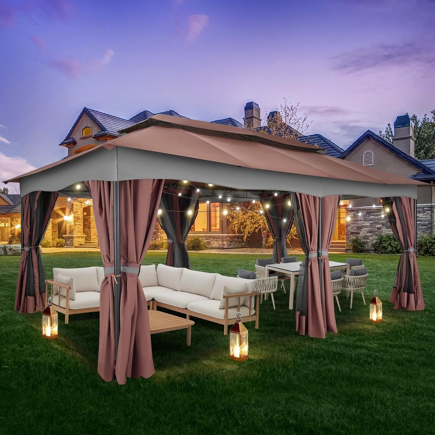 Gazebo 12X20, Outdoor Gazebo on Clearance with Double Ventilated Arc Roof, Privacy Curtains & Mosquito Netting, Easy Set up Canopy Tent with Stable Metal Frame for Patio, Brown