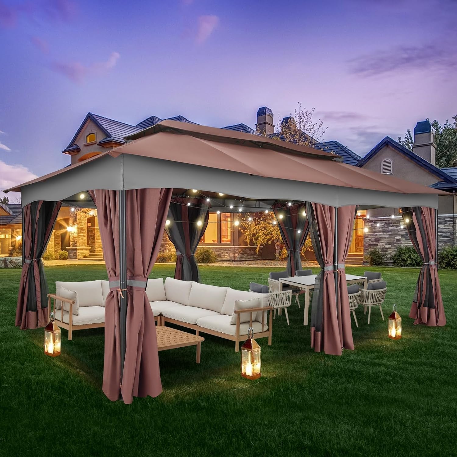 Gazebo 12X20, Outdoor Gazebo on Clearance with Double Ventilated Arc Roof, Privacy Curtains & Mosquito Netting, Easy Set up Canopy Tent with Stable Metal Frame for Patio, Brown