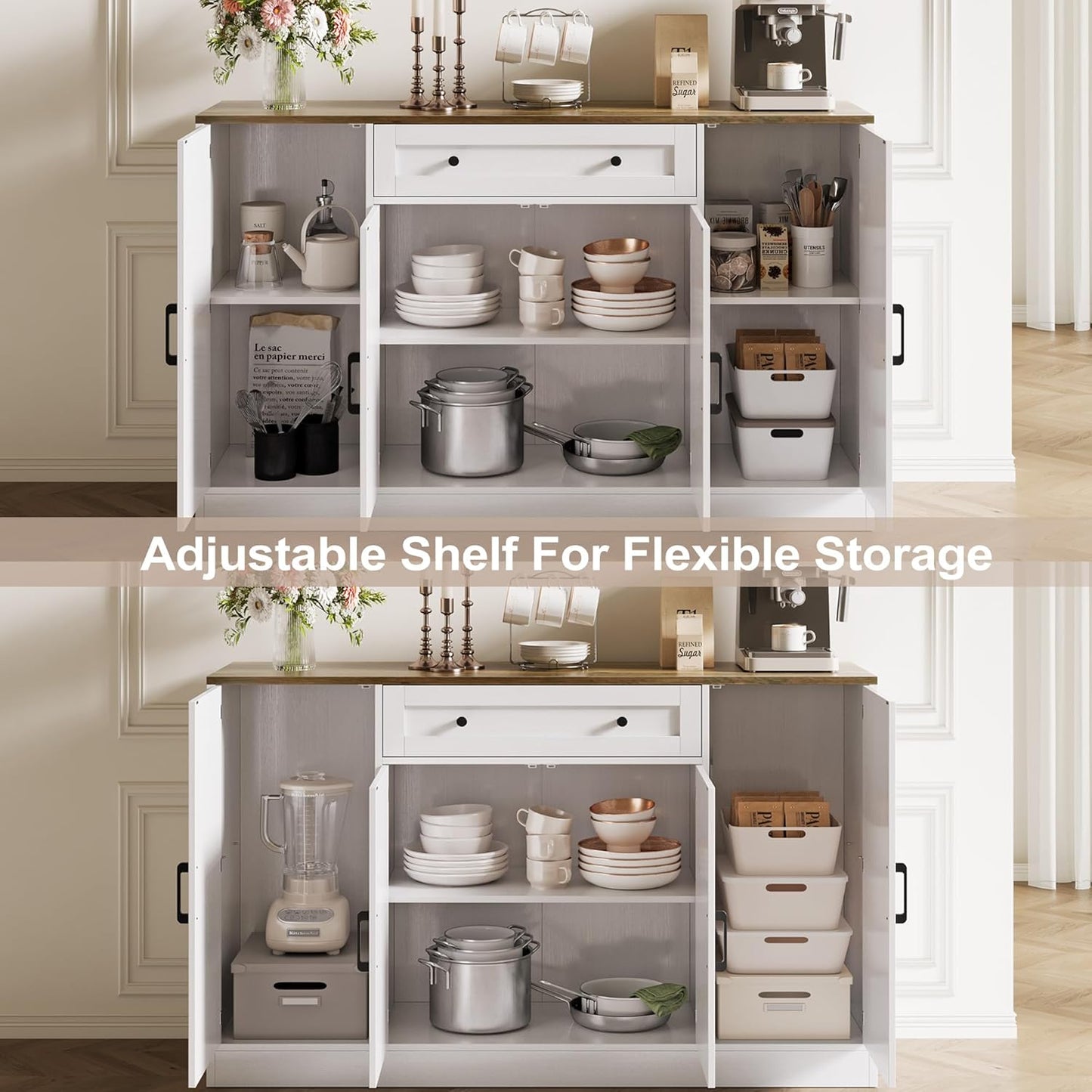 Buffet Cabinet with Storage, 55" Large Sideboard Storage Cabinet with Drawer, 4 Doors and Shelves, Modern Farmhouse Coffee Bar Table Kitchen Island Credenza for Kitchen, Entryway, Dining, Living Room