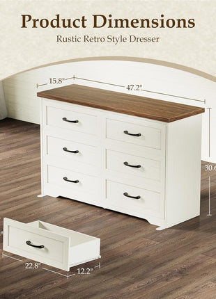 3-Piece Bedroom Set: 47" Wide 6-Drawer Dresser and 2 Farmhouse Nightstands with Charging Station and RGB LED Lights - Engineered Wood, Anti-Tip Design, Rustic White and Dark Walnut Finish
