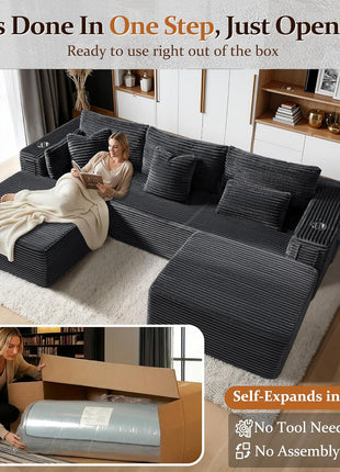 108" Cloud Sectional Sofa - U-Shaped Boneless Design, Extra Deep Seats, No Assembly Required, Minimalist Modular Style, Dark Grey Corduroy (2 Seater + Left Facing Chaise + Ottoman)