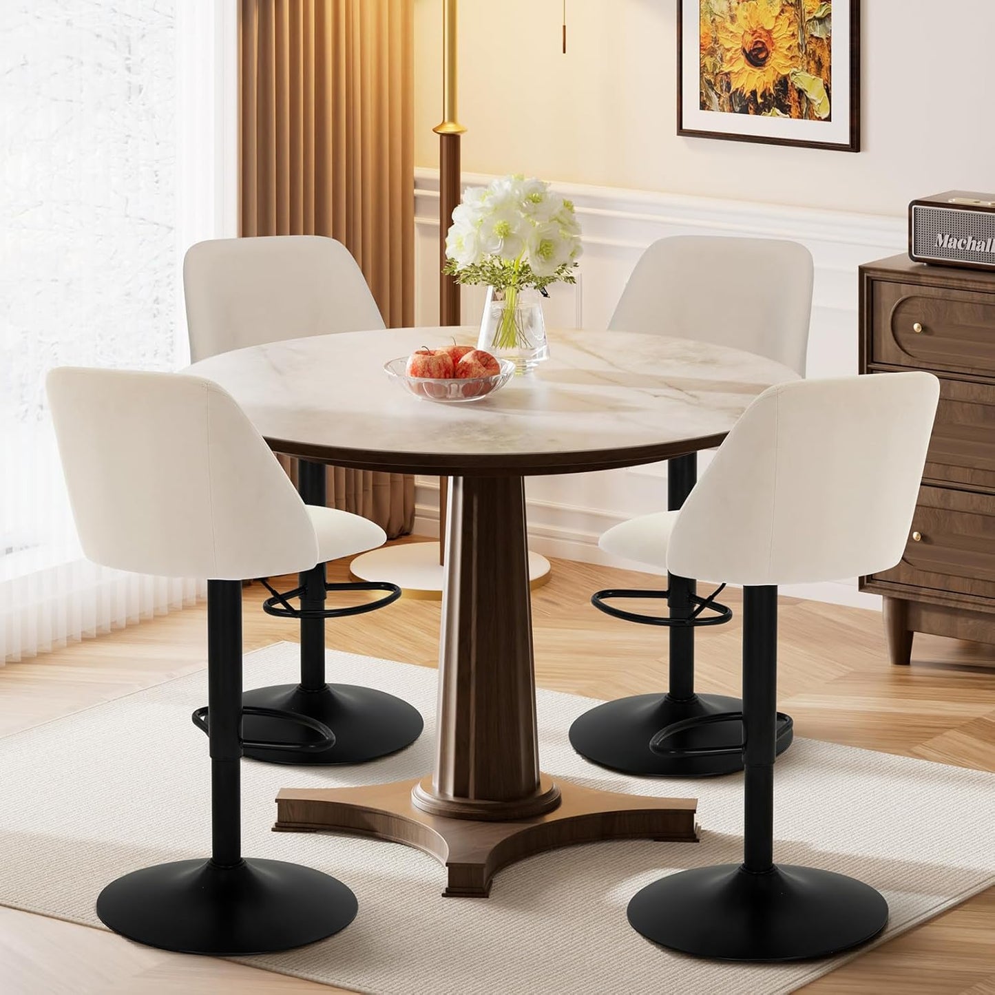 Bar Stools Set of 2, Modern Swivel Bar Chairs, Adjustable Upholstered Barstools Counter Height with Full Backrest for Bar, Dining Room, Kitchen Island, Beige