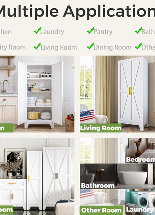 61" White Farmhouse Storage Cabinet with 2 Barn Doors, 3 Adjustable Shelves, and Legs for Versatile Use in Kitchen, Dining Room, Bathroom, Living Room, Office, or Laundry Room