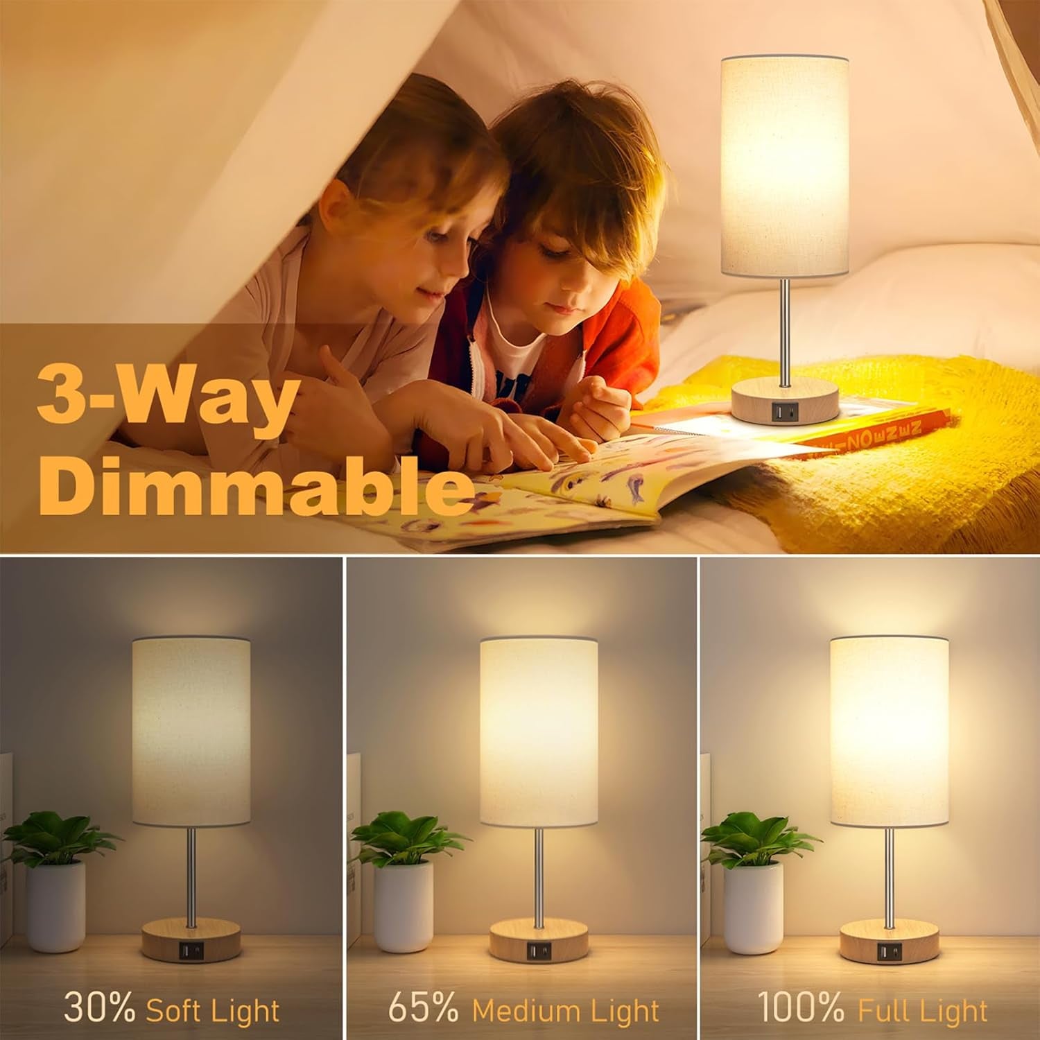 Table Lamp for Bedroom, 3 Way Dimmable Touch Lamp with Dual Charging Station, Small Bedside Lamps for Night Stands, Living Room, Office(Led Bulb Included)