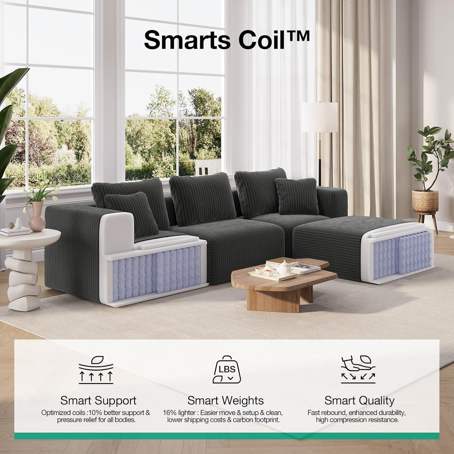 141" Modular Sectional Sofa, Modern Cloud Sectional Couch with Smarts Coil® Support, L-Shape Boneless Couch for Living Room Apartments, No Assembly Required, Dark Gray (6 Seater Standard)