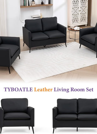 Mid-Century Modern Faux Leather Loveseat Sofa for Compact Spaces with Two Pillows, Perfect for Living Room, Bedroom, Apartment, Office, or Dorm (Black)