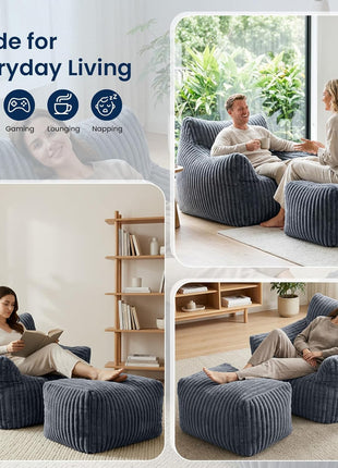Oversized Bean Bag Chair with Ottoman for Adults, Plush Lounge Sofa Bed for Living Room and Bedroom - Grey