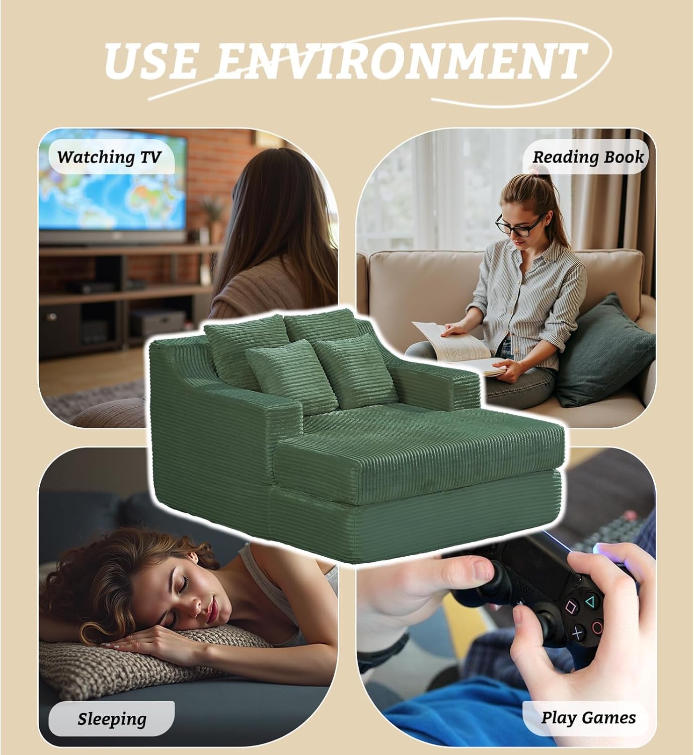 47" Boneless Chaise Lounge Chair Indoor,No Assembly Single Sleeper Upholstered Boneless Couch with 4 Pillows,Comfy Pet Friendly High Weight Capacity Foam for Bedroom,Living Room,Study Room,Green