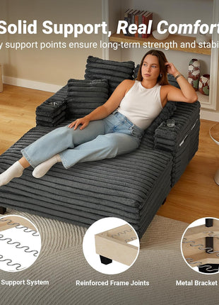 64-Inch Oversized Chaise Lounge Chair with Wooden Frame, Upholstered Sleeper Sofa Bed for Living Room, Media Room, and Bedroom, Includes 4 Storage Pockets and 2 Cup Holders (Plush Corduroy, Grey)