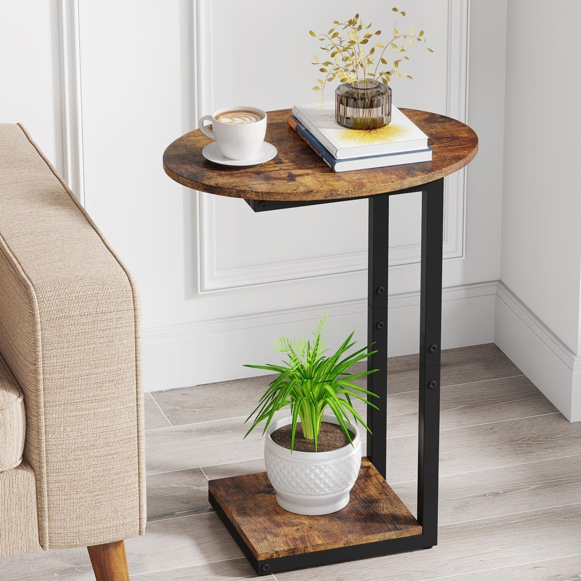 Side Table Small End Table, C-Shaped Wood Sofa Table with Metal Frame for Living Room, Bedroom, Small Spaces (Rustic Brown)