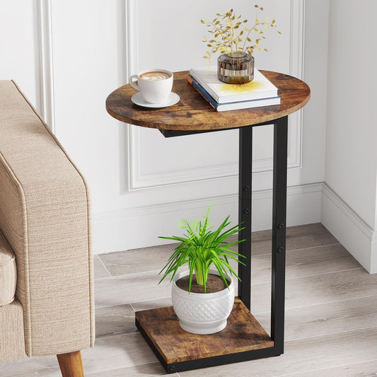 Side Table Small End Table, C-Shaped Wood Sofa Table with Metal Frame for Living Room, Bedroom, Small Spaces (Rustic Brown)