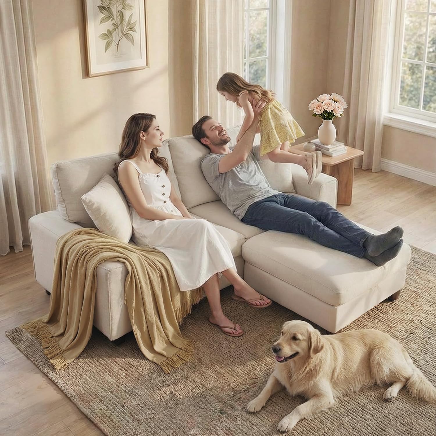 L-Shaped Sectional Sofa with Storage Ottoman, Modern Chenille Recliner Loveseat, Removable Couch Covers, Pocket Spring Cushions, Solid Wood Frame, Easy to Install (71.25Inch, Beige)