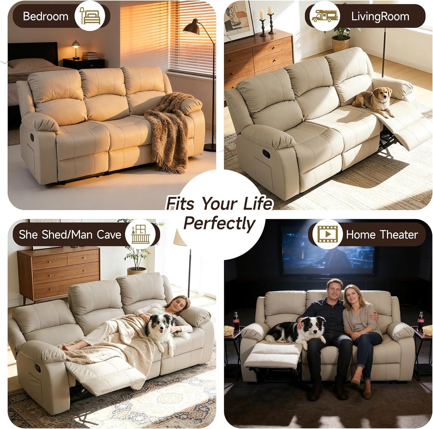 Manual Recliner Sofa, 3 Seater Reclining Couch with Side Pocket for Living Room, RV, Home Theater(3 Seat,Beige)