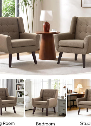 Set of 2 Mid-Century Modern Upholstered Accent Chairs with Button-Tufting and Wooden Legs, Linen Fabric, Brown - Ideal for Living Room and Bedroom