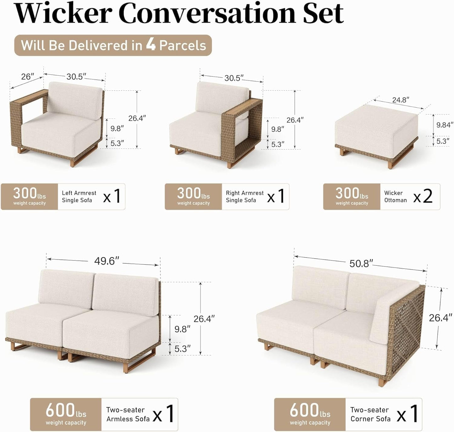 L Shaped Patio Furniture,Outdoor Rattan Wicker Sectional Sofa with 10''Ultra-Thick Cushions,All Weather Patio Conversation Set for Lawn Garden Backyard,Beige