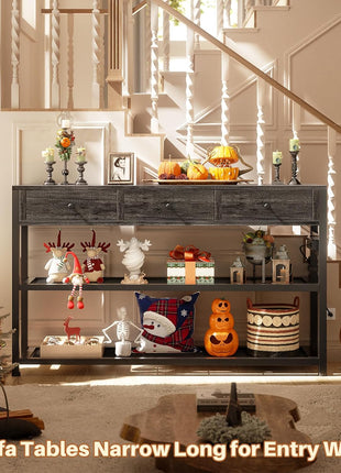 47-Inch Console Table with Outlets and USB Ports, 3 Drawers and Storage Shelves for Living Room, Hallway, Foyer, and Kitchen in Grey Finish