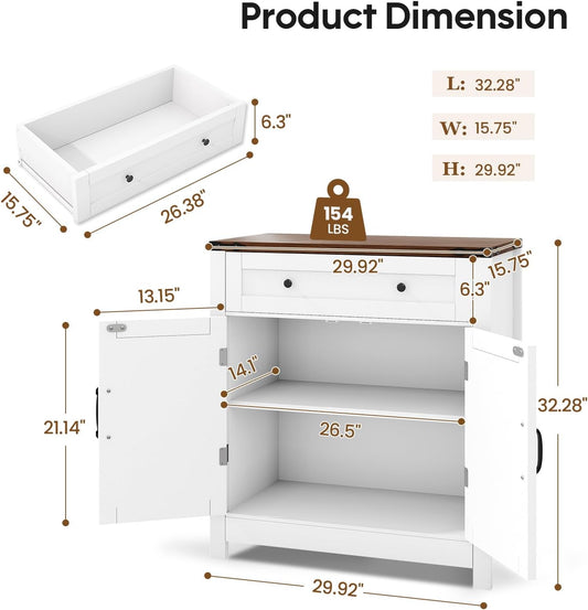 30" Coffee Bar Station, Kitchen Sideboard Buffet Cabinet with a Drawer and Adjustable Shelf, Modern Farmhouse Storage Cabinet for Kitchen, Living Room, Entryway, White