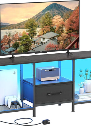 Industrial LED TV Stand with Fabric Drawer and Open Shelving for 50-55 Inch TVs, Black Entertainment Center for Living Room and Bedroom