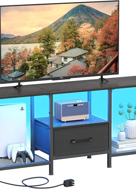 Industrial LED TV Stand with Fabric Drawer and Open Shelving for 50-55 Inch TVs, Black Entertainment Center for Living Room and Bedroom