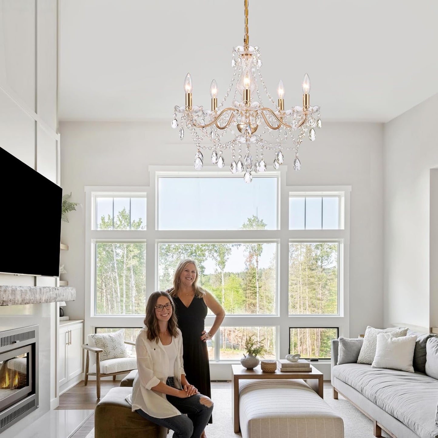 Crystal Gold Chandelier, Glass Crystal Hanging Pendant Lighting, 5 Light French Country Gold Crystals Chandelier for Ceiling Medallions,Wedding,Dining,Kitchen, Foyer,Dia 20'' Golden