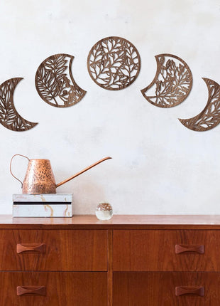 Moon Phase Wooden Wall Art Set of 5 - Nordic Boho Aesthetic Decor for Bedroom, Living Room, and Dorm (Brown, 10.6 Inch, Botanical)