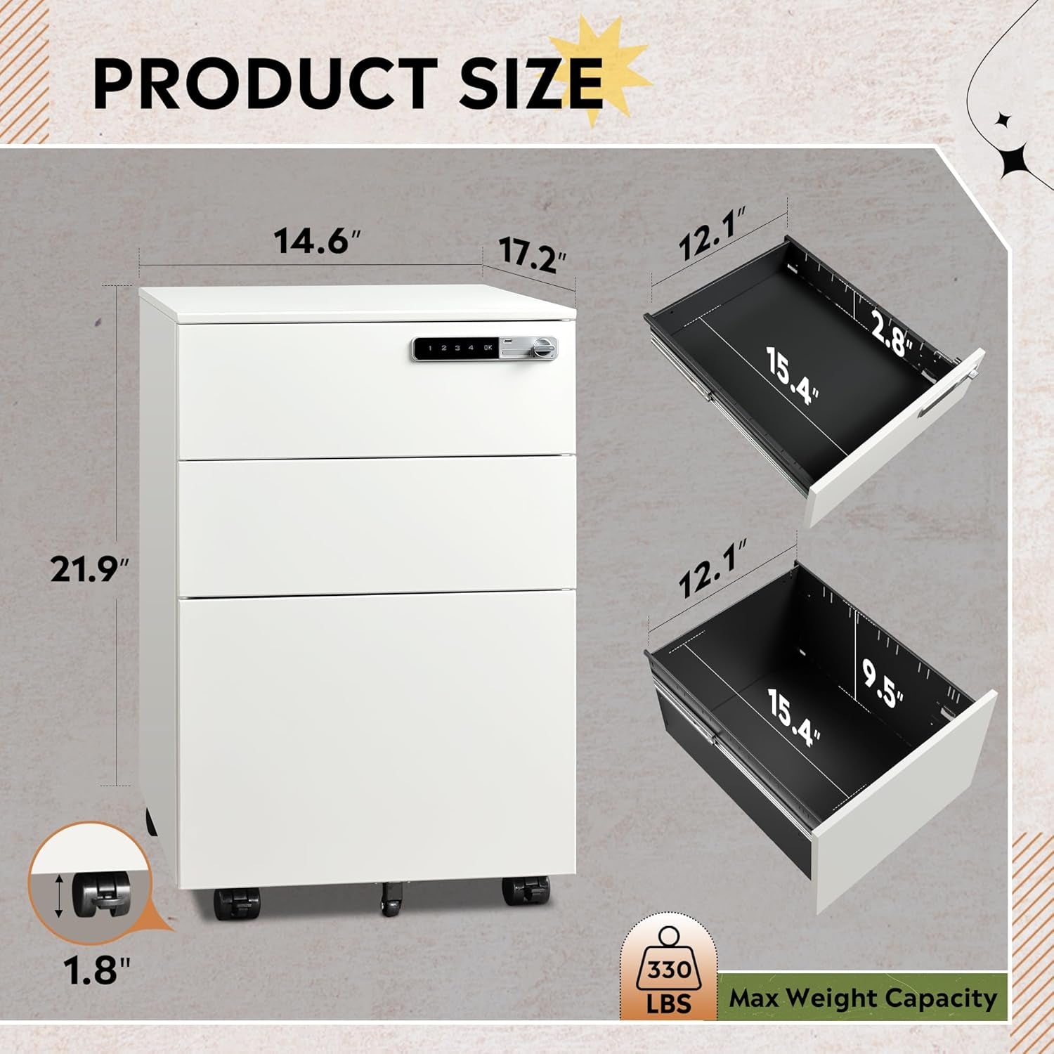 3 Drawer File Cabinet with Combination Lock，Fully Assembled Metal Filling Cabinet except Wheels, Mobile under Desk File Cabinets for Home Office, White