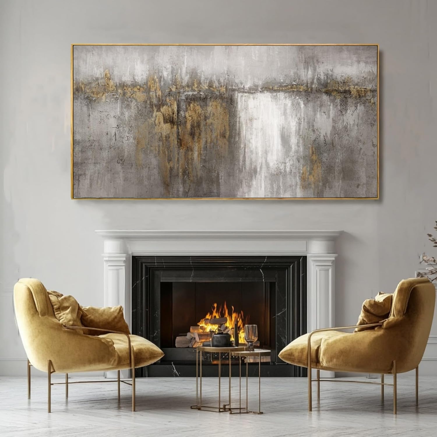 White and Gold Artwork for Walls Abstract Framed Poster Print 24"X48" Canvas Wall Art for Bedroom Neutral Artwork Decor for Office