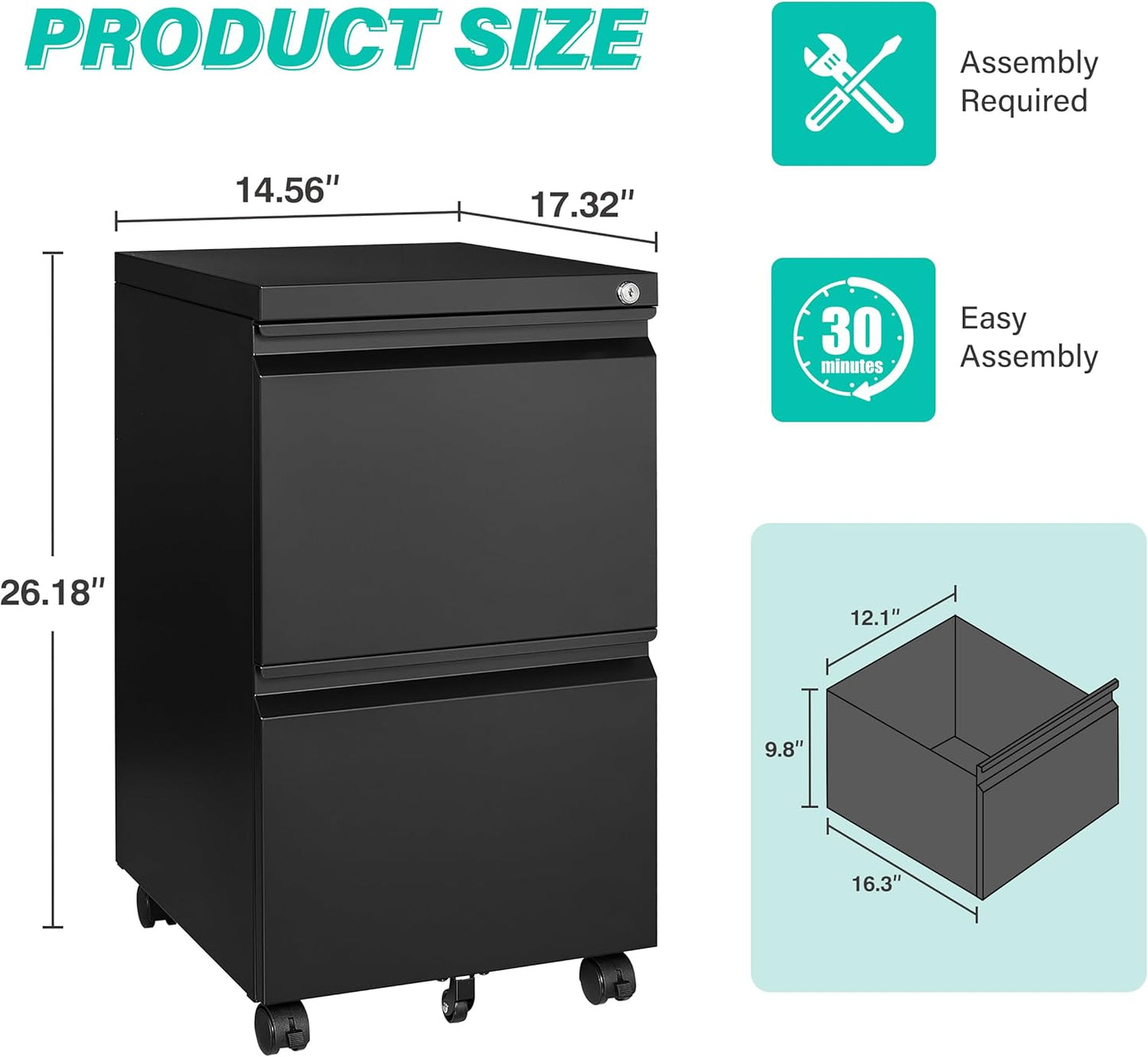 2 Drawer File Cabinet on Wheels,Metal Filing Cabinet with Lock,Black Rolling File Cabinets with Casters,Under Desk Office Cabinets for Home Office,Fit A4/Letter/Legal,Easy Assembly