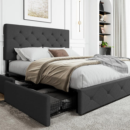 Upholstered Queen Size Platform Bed Frame with 4 Storage Drawers, Adjustable Headboard with Diamond Stitched Button Tufted Design, Wooden Slat Support, No Box Spring Needed, Dark Grey