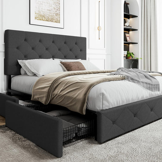 Upholstered Queen Size Platform Bed Frame with 4 Storage Drawers, Adjustable Headboard with Diamond Stitched Button Tufted Design, Wooden Slat Support, No Box Spring Needed, Dark Grey