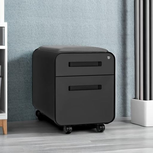 STOCKPILE Mini Seated 2 Drawer Mobile File Cabinet with Removable Magnetic Cushion Seat - Short Version, Metal Filing Cabinet, Pre-Assembled, Black with Grey Cushion