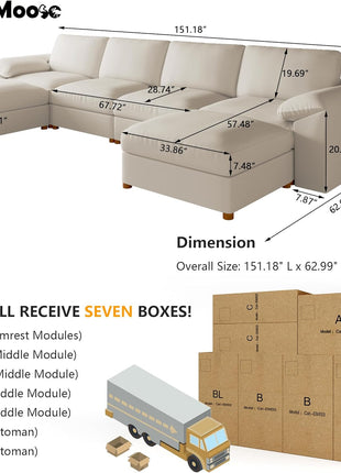 Oversized Modular Leather Sectional Sofa with Deep Seats - Extra Large U-Shaped Faux Leather Couch in Beige, Scratch Resistant and Modern Design
