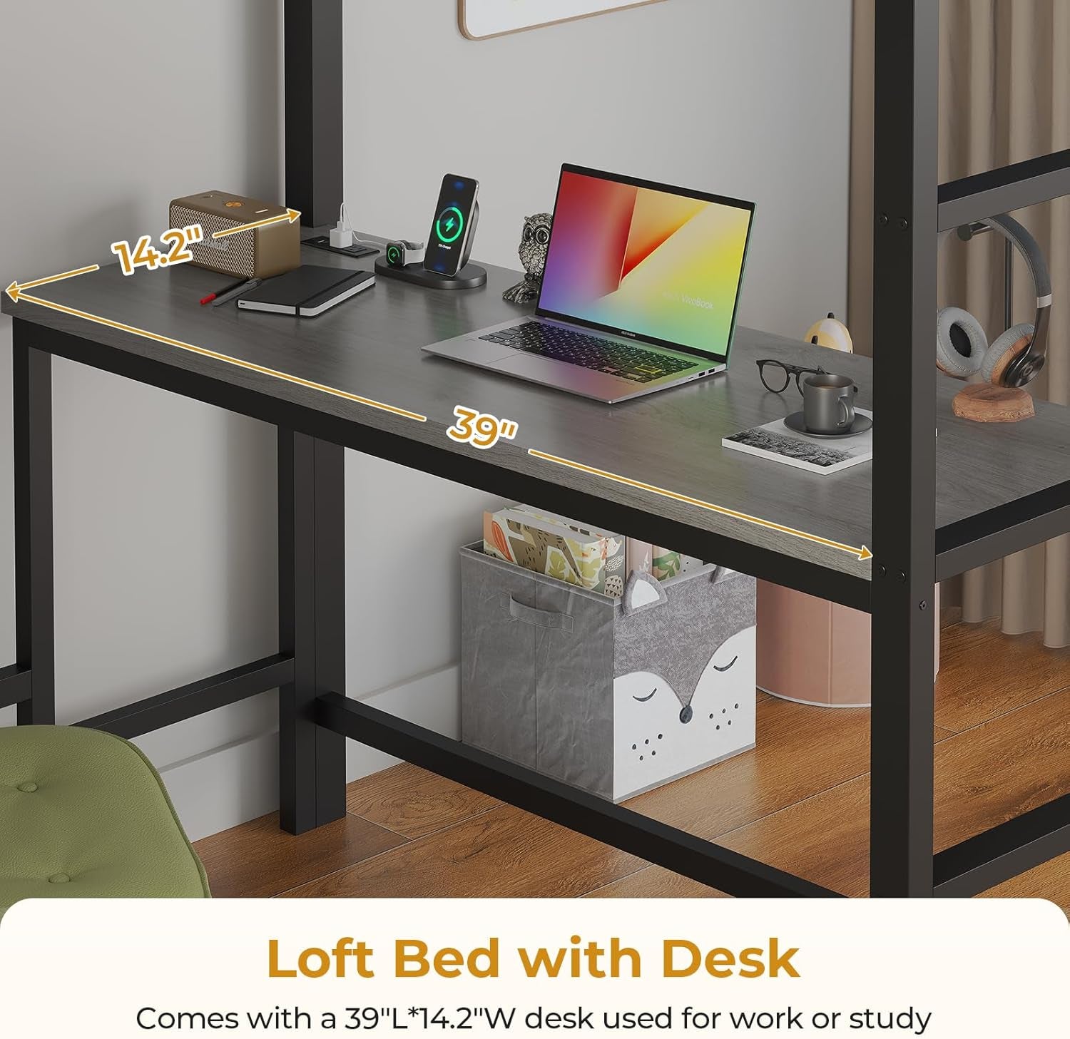 Twin Size Loft Bed with Desk and 8 Storage Drawers, Metal Loft Bed Twin with LED Lights & Charging Sation, Storage Shelves, 13.1" H Safety Guard & Ladder, No Box Spring Needed, Grey