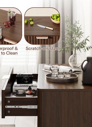 Fluted Walnut Buffet Cabinet - Modern Sideboard with Storage, Doors & Drawer for Living Room, Kitchen, Dining Room, and Entryway, Easy Assembly, 31