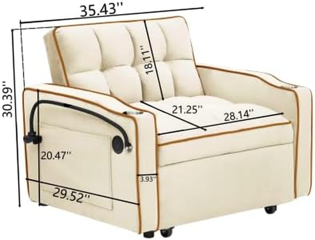 Convertible Sleeper Chair, Pull Out Chair Sleeper with Bracket and Cup Holder, Chairs Bed Sleepers for Adults, 3 in 1 Sofa Bed Chairs for Small Spaces, Living Room, Creamy White