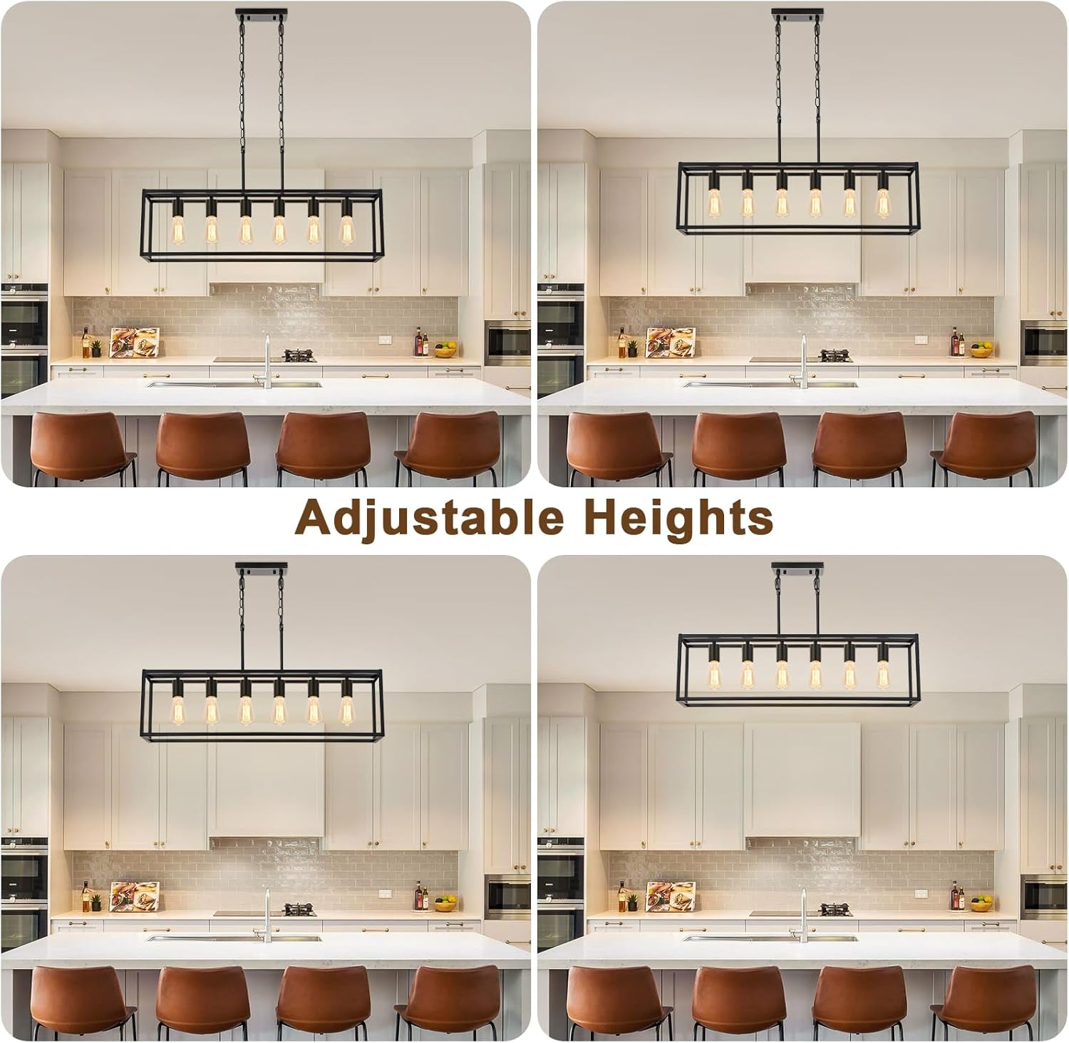 6 Light Black Chandeliers for Dining Room, Adjustable Height Linear Chandelier Kitchen Light Fixture, Modern Farmhouse Chandelier Rectangle Island Light for Kitchen Hanging Light Fixtures