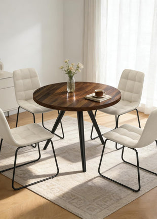 34.6" Round Dining Table Set for Four with Contemporary Faux Leather Chairs, Space-Efficient MDF Design in Walnut and Beige U-Shaped Seating