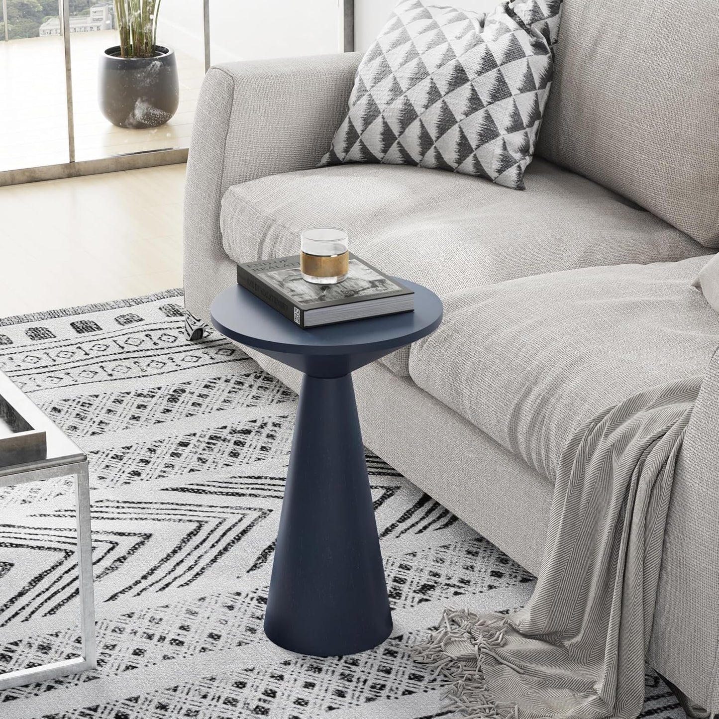 Small Pedestal End Table round Farmhouse Martini Table Wood Plant Stand Rustic Drink Table for Small Space Living Room, Dark Blue