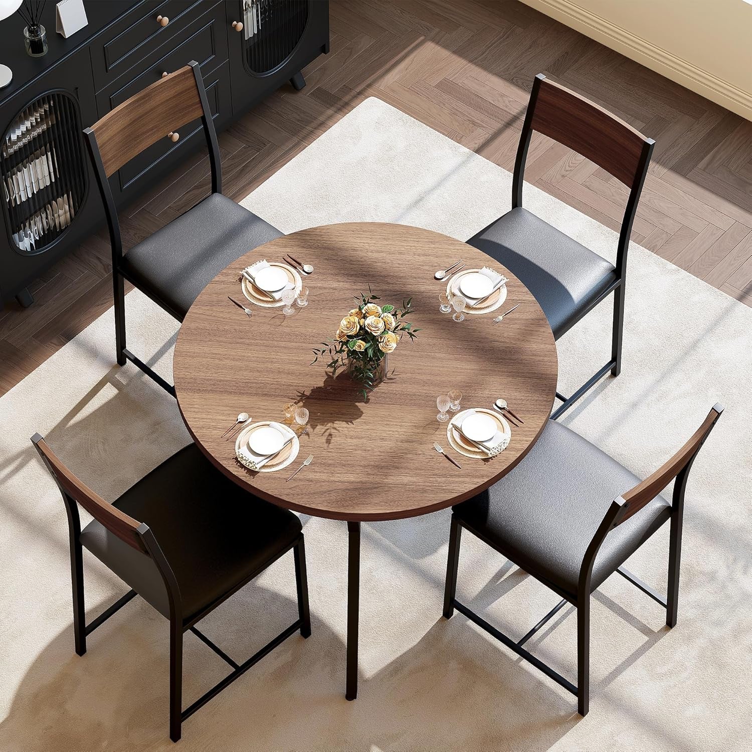 round Dining Table Set for 4, Kitchen Table and Chairs for 4, Dining Room Circle Dinner Pedestal Table, Solid Metal Frame,Space Saving Wood Small Kitchen & Dining Room Furniture,Walnut