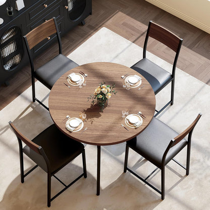 round Dining Table Set for 4, Kitchen Table and Chairs for 4, Dining Room Circle Dinner Pedestal Table, Solid Metal Frame,Space Saving Wood Small Kitchen & Dining Room Furniture,Walnut