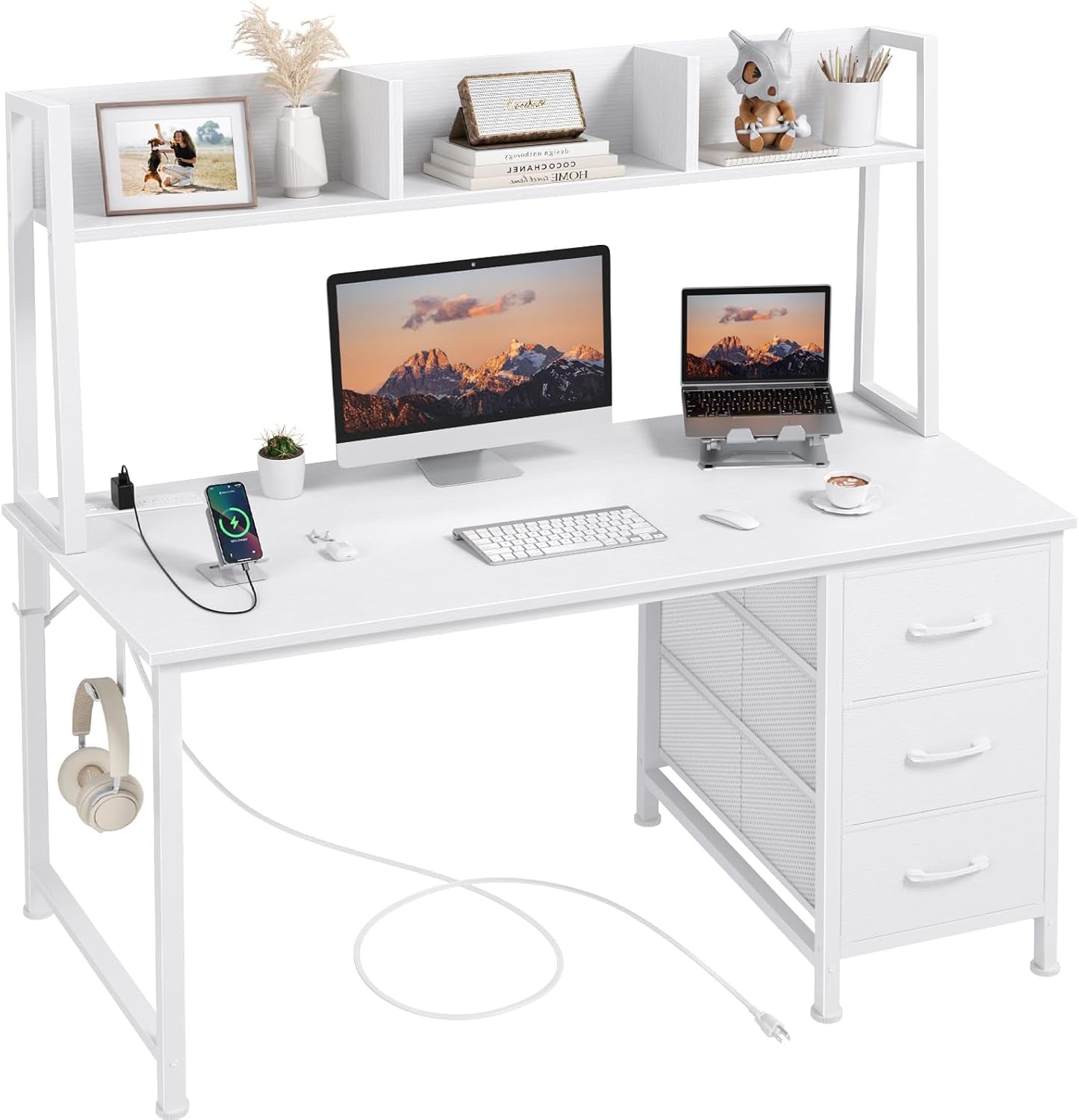 White Computer Desk with Hutch & Drawers - Office Desk with 3 Storage Drawers and Power Outlets, 47 Inch Modern Study Writing Desk for Bedroom Home Office