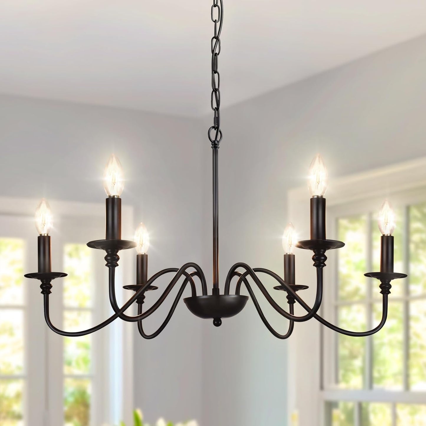Farmhouse Chandelier for Dining Room: 6-Light Black Industrial Kitchen Island Pendant Light Fixture - Rustic Candle Chandeliers Vintage Modern Hanging Ceiling Lamp for Bedroom Foyer
