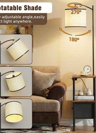 Set of 2 Rustic Brown Floor Lamps with End Tables, Integrated Charging Station and USB Ports, Nightstands with Fabric Drawers, 3 Color Temperature LED Lighting for Living Room and Bedroom, 14.9" W